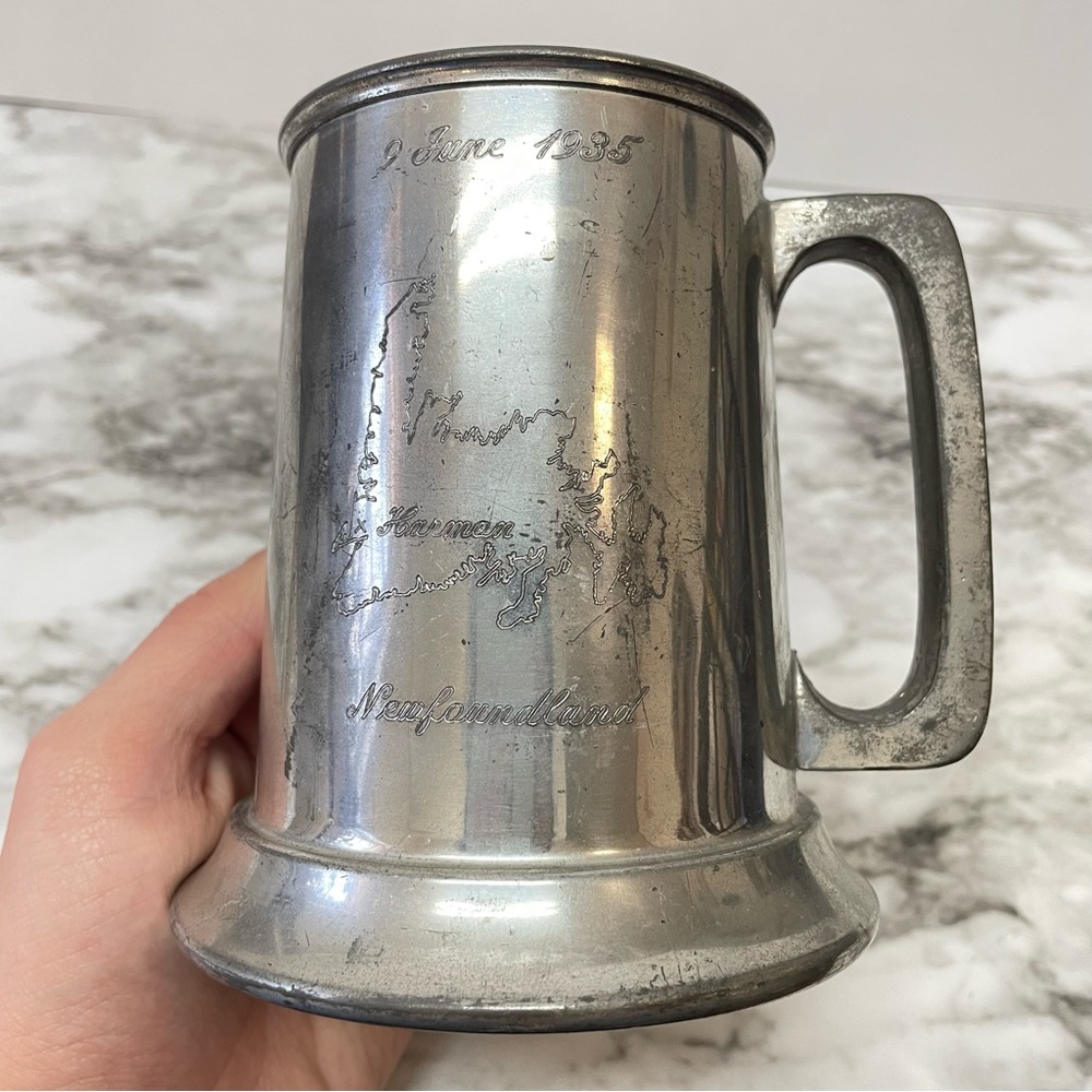 Vintage English Engraved 1935 Pewter Metal Beer Mug Glass Bottom Tankard